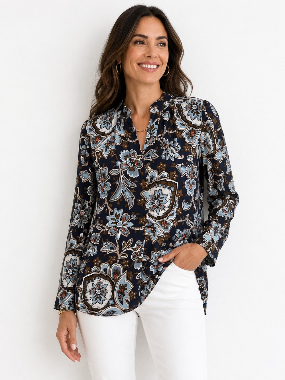 Loft Floral Paisley Tunic Blouse in Navy Turquoise Multicolor Med flowing